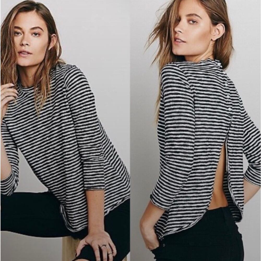 We The Free Womens S Black White Stripe Mod Open Back 3/4 Sleeve Casual Top